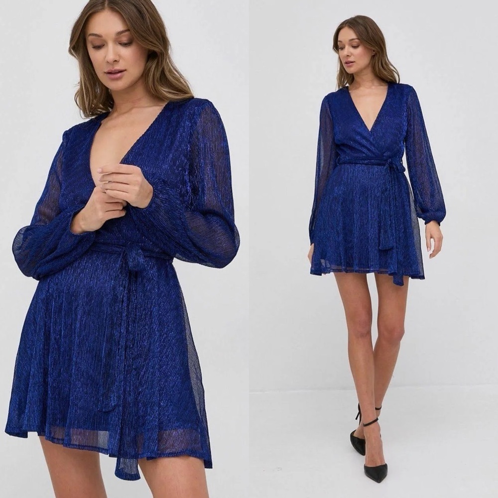 Bardot Mini Dress Cocktail Metallic Navy XL US 10 Long Sleeve